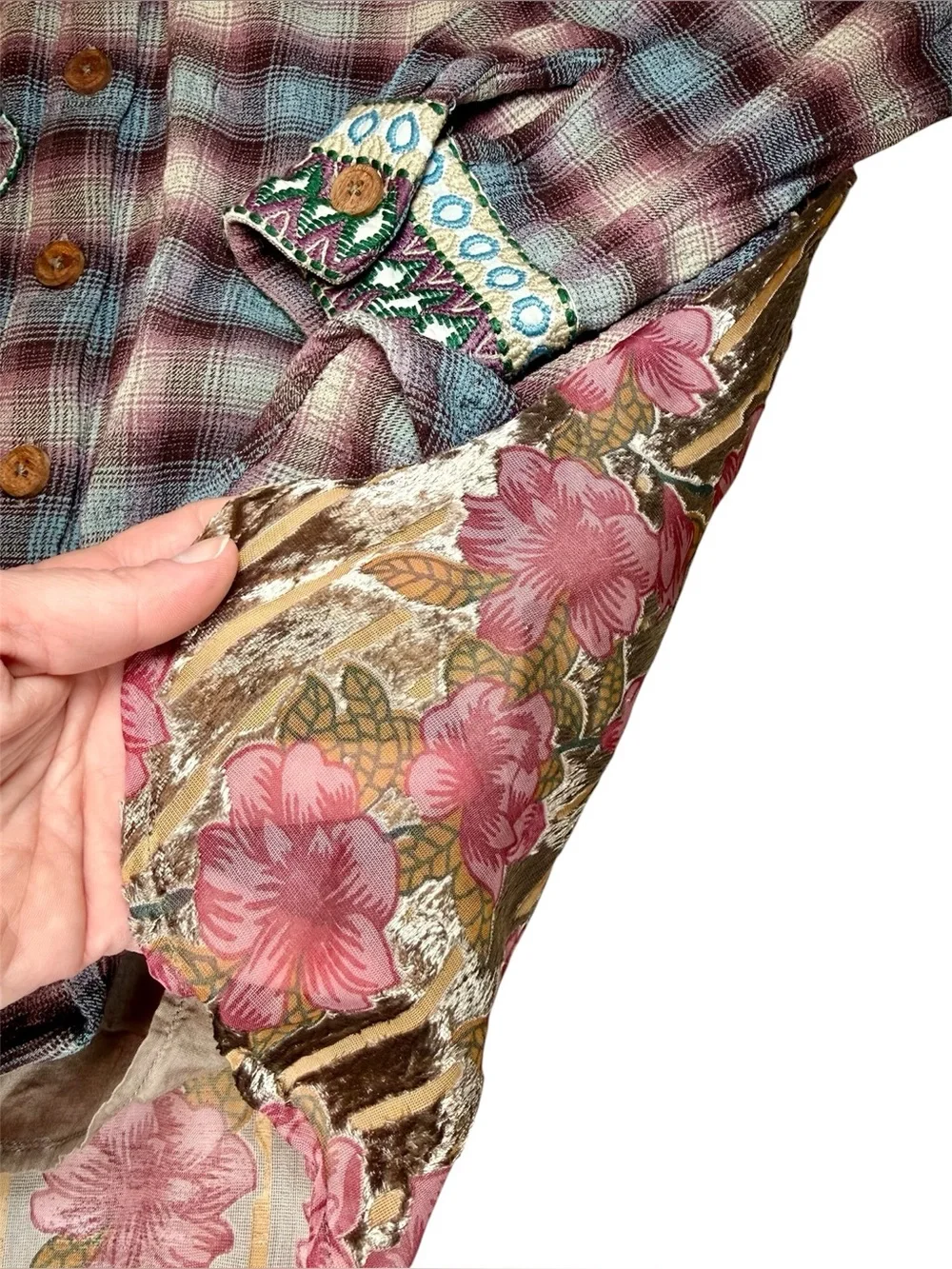 Soft Surroundings Velvet Burnout Floral Plaid Shirt Small